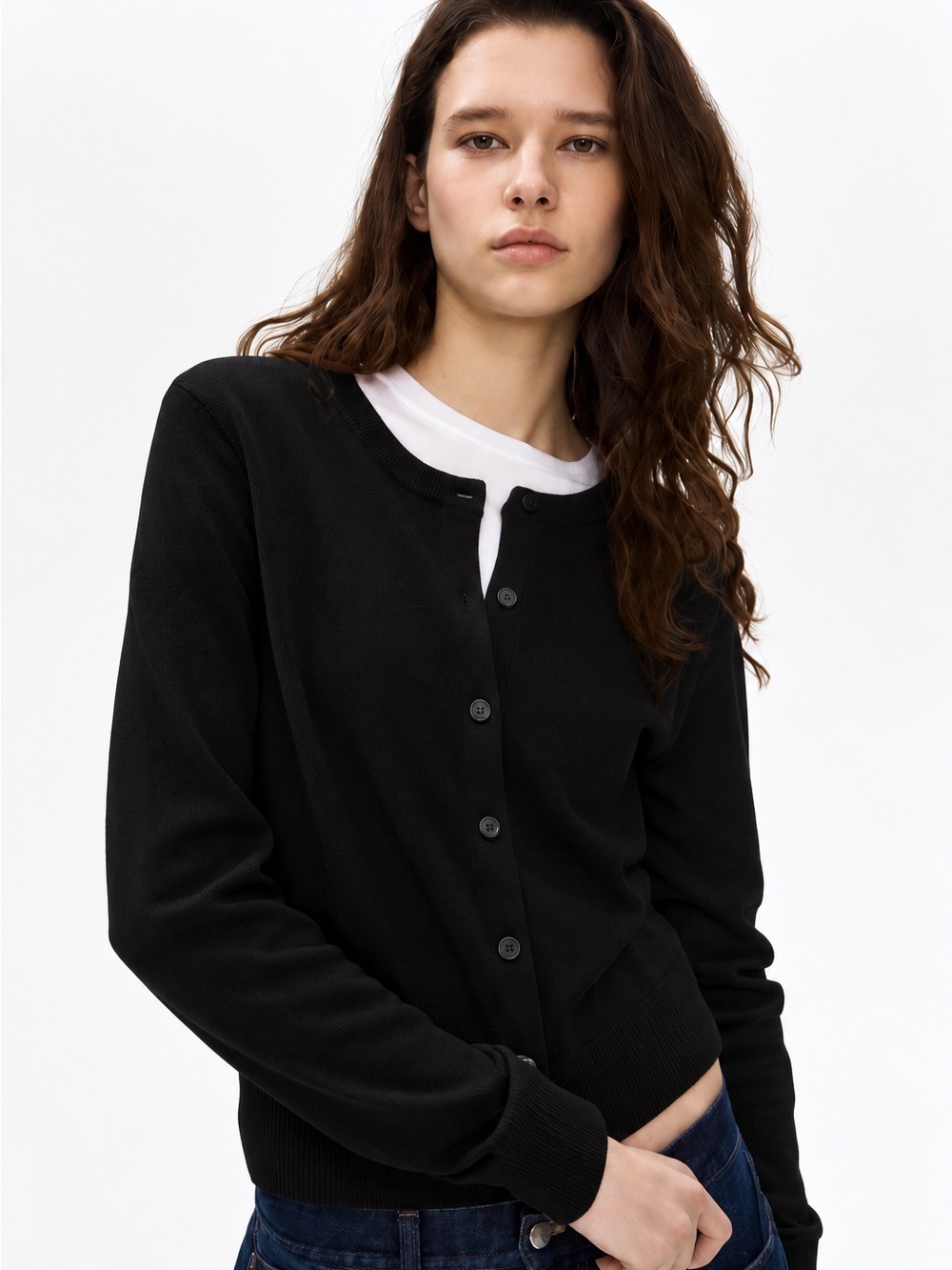 H&M Classic Fine Knit Black Gray Crewneck Button Front Basic Cardigan